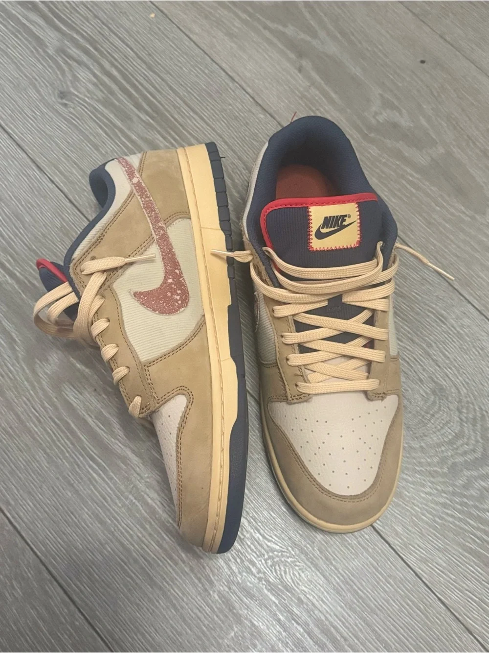 Nike Dunk Low Beige Red Navy Colorblock Leather Fabric Men’s
